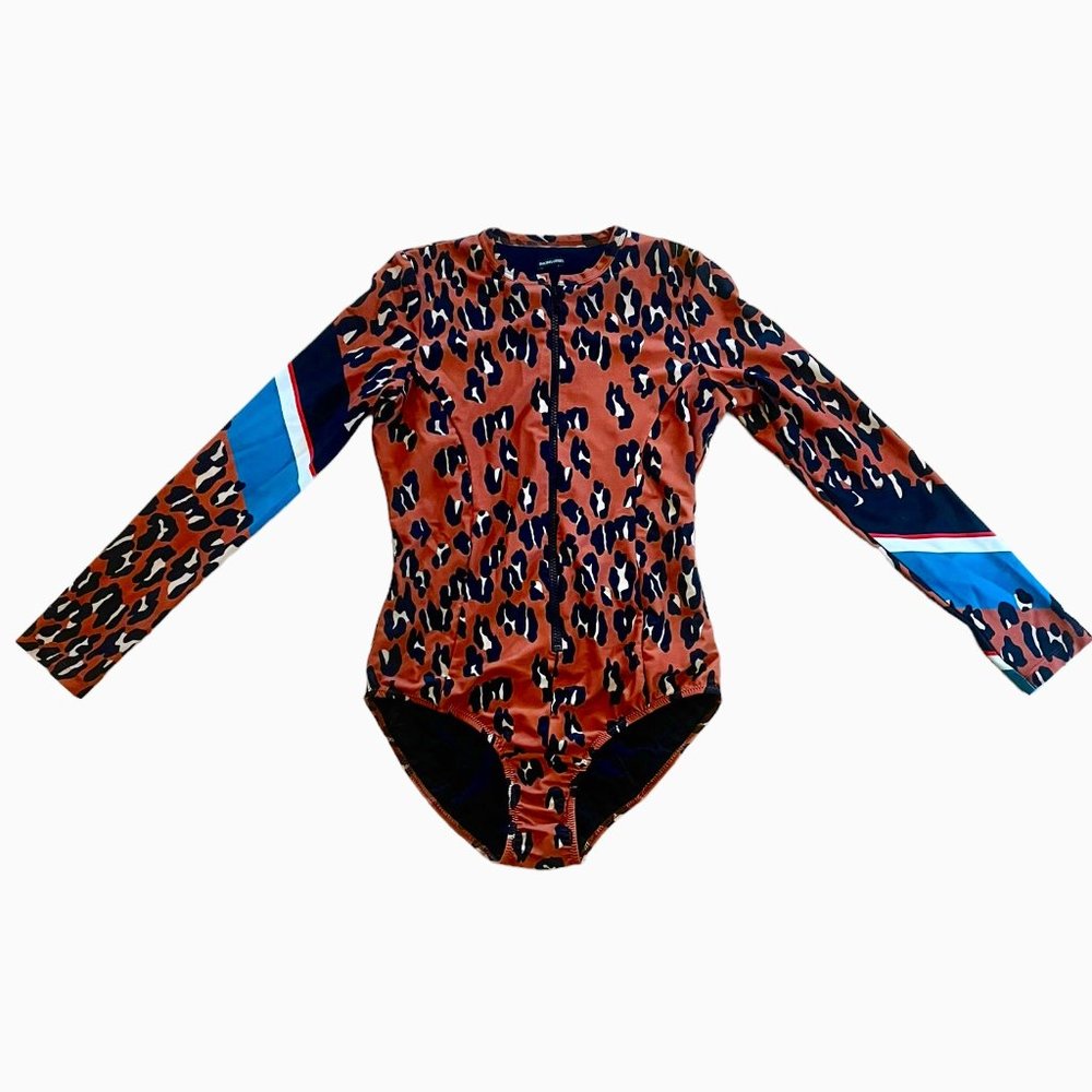 Rachel Comey Long Sleeve Leopard Print Stripe Accent Front Zip One Piece Swim